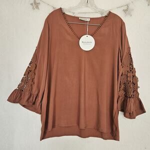 Rusttydustty XLarge Beaded Vneck Trim Crochet Floral Bell Sleeve Top Bohemian